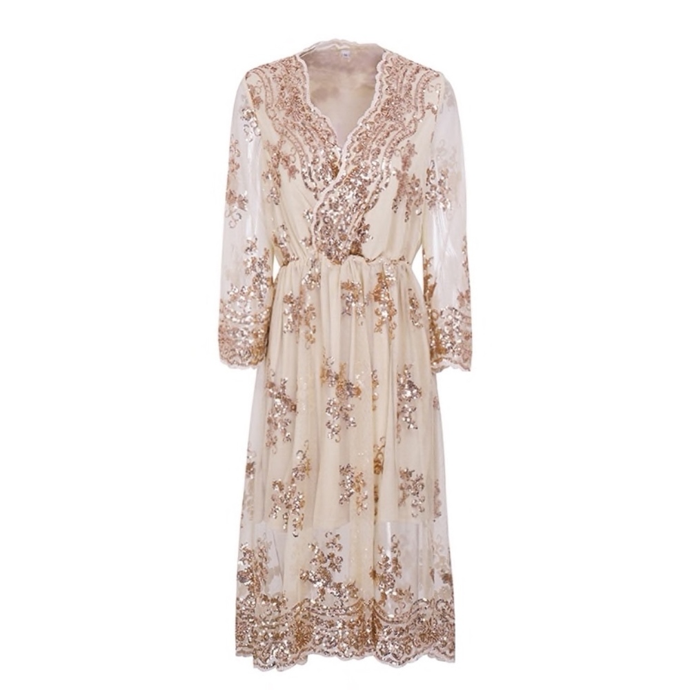 Tan Midi V-Neck Mesh Dress with Rosegold Sequins - Picture 5 of 13